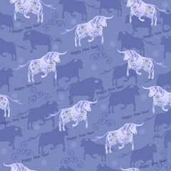 New Year's symbol White bull with elements of painting on a lilac background with silhouettes of bulls. Happy New Year text! Template for design print, fabric, wallpaper and box.