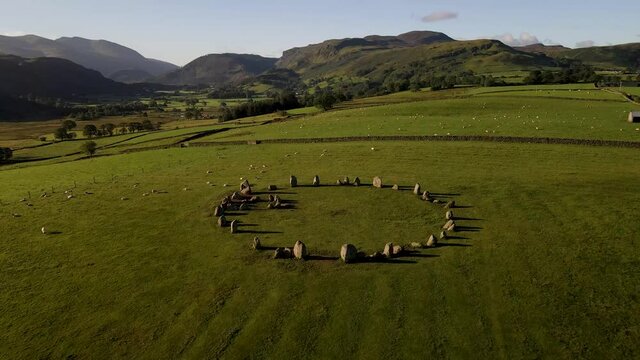 Ancient stone circle in the calm countryside, aerial