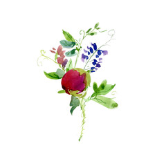 Herbal Arrangement, Watercolor Wildflowers Bouquet, Wedding Invitation Card Decor on White Background