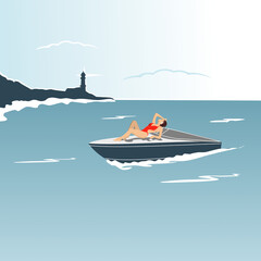 A girl is sunbathing on  the deck of a boat. Vector illustration.