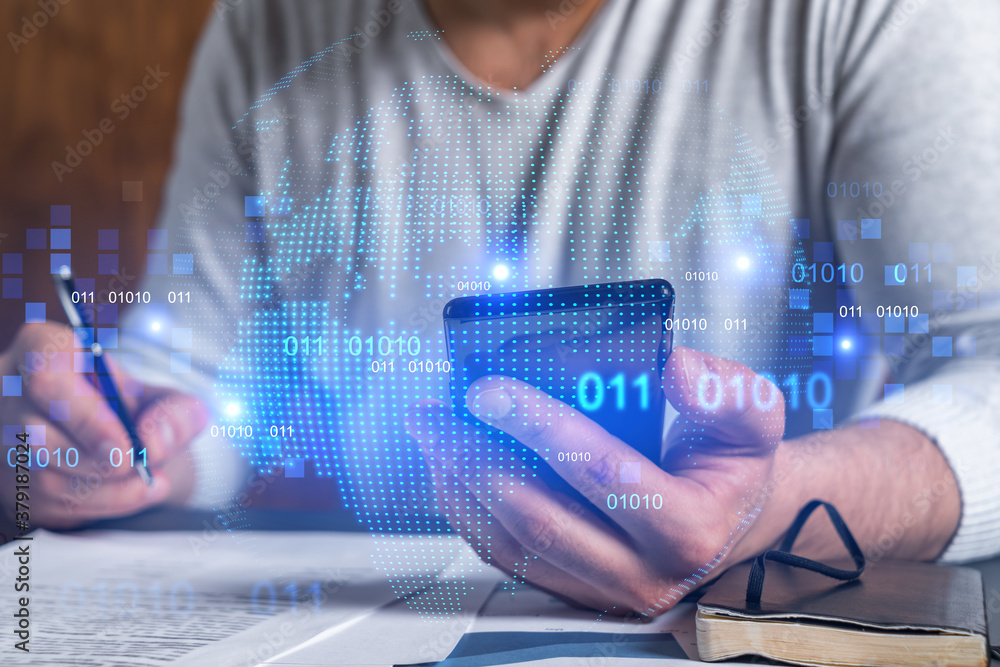 Poster double exposure of man signing contract with phone and world map network hologram. concept of intern
