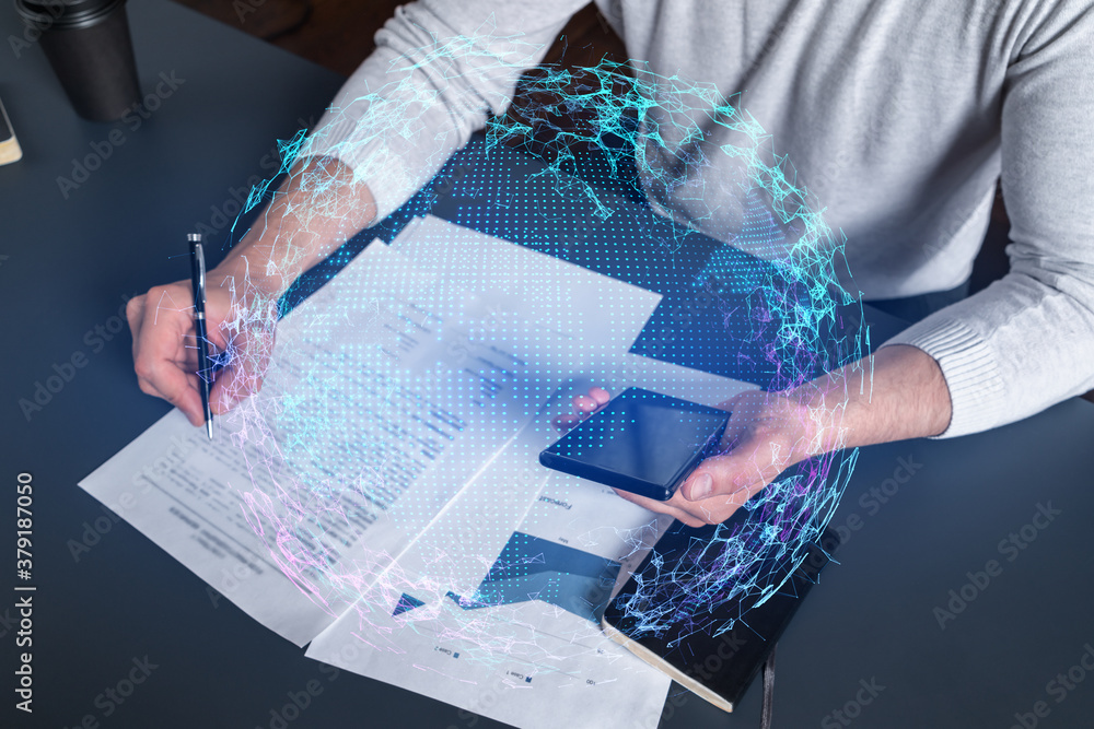 Poster double exposure of man signing contract with phone and world map network hologram. concept of intern