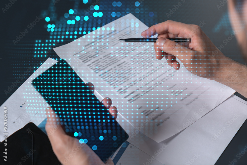Poster double exposure of man signing contract with phone and world map network hologram. concept of intern