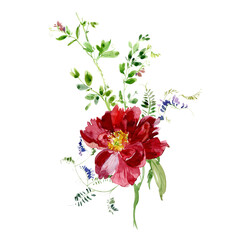 Herbal Arrangement, Hand Painted Watercolor Wildflower Bouquet, Wedding Invitation Card Corner Decor on White Background