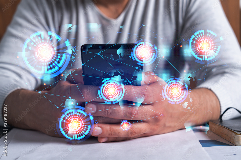 Poster man using phone. hands typing smartphone. double exposure with world map planet earth hologram. clos
