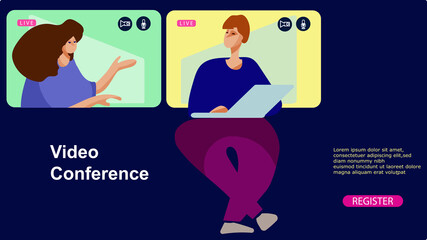 Men and women have a conversation with a video conference. Vector concept for a web page