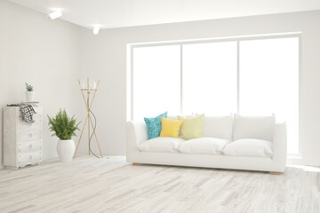 Fototapeta premium White living room with sofa. Scandinavian interior design. 3D illustration