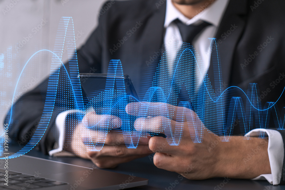 Poster businessman search and analyze using on-line app on phone. financial graph hologram.