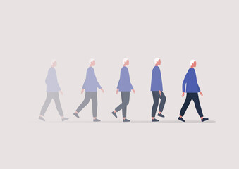 A young male character walking in a blurred motion, an animation sequence