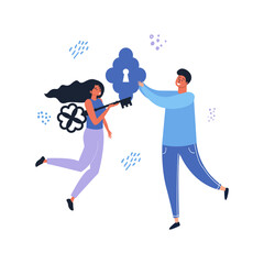 Flat vector cartoon illustration of business people working together to discover new solutions. A conceptual illustration of making a solution with a key and a keyhole.