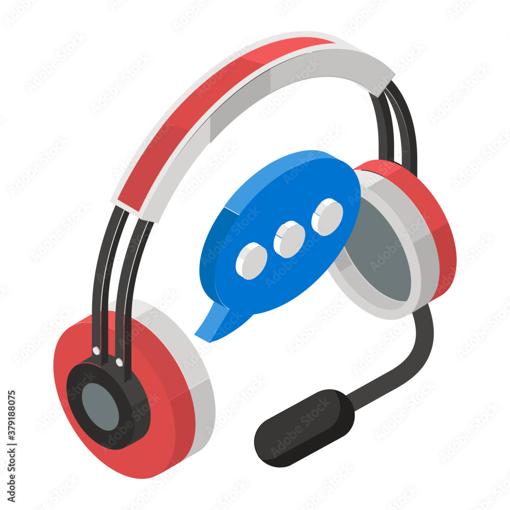 Wall mural chat bubble inside headphones, telemarketing vector in isomeric style