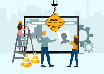 Flat under construction with people for web site design. Minimal design. Technology concept. Flat business template.