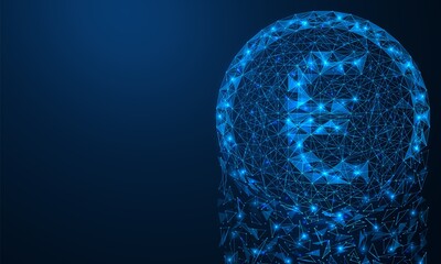 The coin breaks up into particles with fragments and falls down. European financial crisis. The collapse and crash of the currency. Polygonal construction of concatenated lines and points.