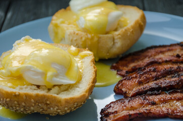 Homemade Benedict Eggs on the plate with souce