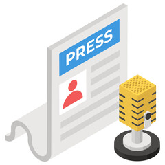 
A short compelling news with microphone, press release isometric icon
