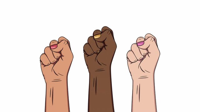 raised clenched fists. black lives matter. Women protest and fight for their rights. Concept of revolution. symbol of victory, strength, power and solidarity. 2d vector animation. Hands reaching out