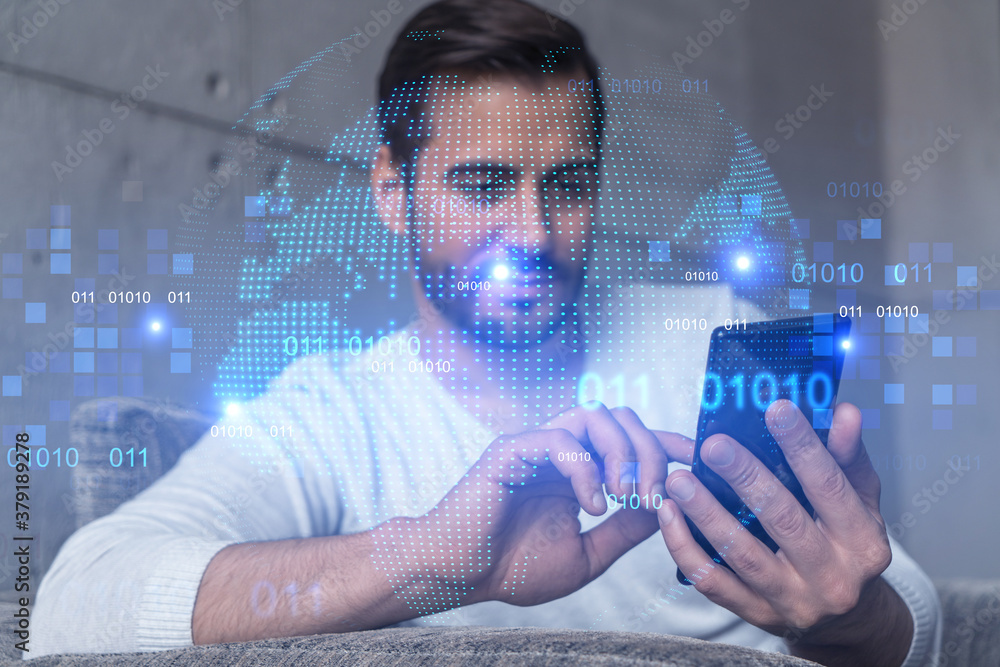 Poster double exposure of world map drawing hologram and a man searching information on phone in internet.