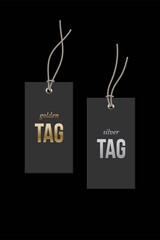 Black price tags mockup template set. Rectangle cards with grey strings for clothes with gold and silver text. Stickers on black background vector illustration. Realistic design