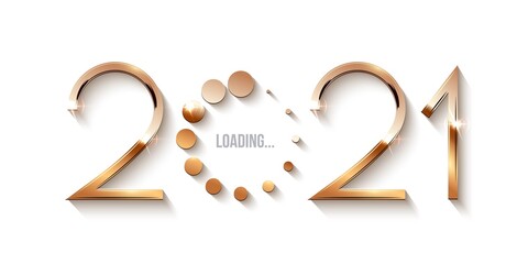 Obraz premium Happy 2021 new year loading concept. Gold icon of number showing progress with dots. Holiday decoration or invitation card vector illustration. Shiny modern sign downloading