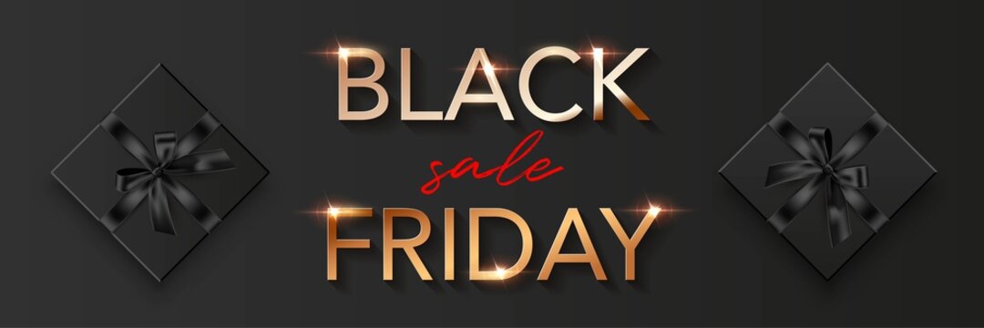 Black friday sale poster background. Premium offer with discounts advert. Gold font, black boxes with bows. Special offer vector illustration. Modern elegant promo flyer