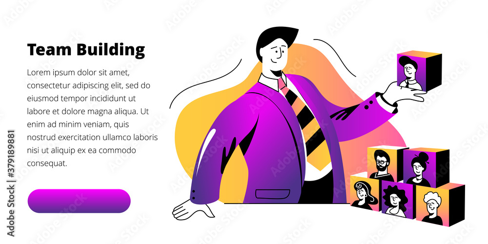 Poster a manager in a business suit builds a team. concept of a neon color vector illustration on the theme