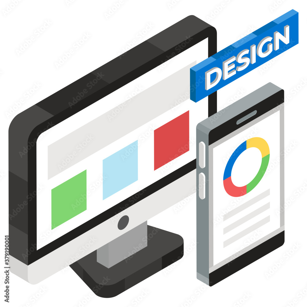 Wall mural mobile with computer depicting responsive design web, vector in trendy isometric style