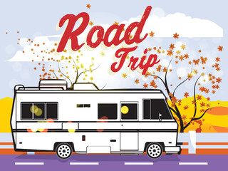 Travel by van or bus, planning vacations. Road Trip on a van on a country autumn road background. Vector EPS10 invitation flyer template or banner