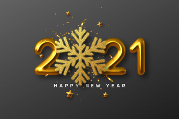 2021 Happy New Year sign. 3d golden glitter snowflake with tinsel, stars and 3d metallic golden numbers on black background. Vector illustration.