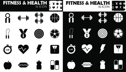 two sets of fitness and health icons in white and black for website, banners, magazines and much more.