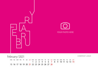 2021 Calendar New Year February modern line design template pink background