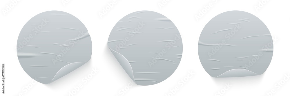 Poster glued round stickers with curled edges set isolated on white background. vector realistic crumpled p