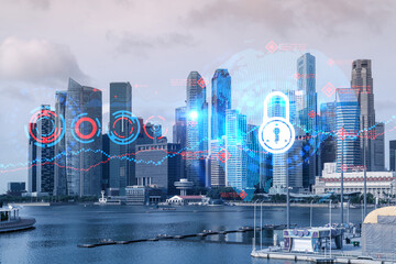 Padlock icon hologram over panorama city view of Singapore to protect business in Asia. The concept of information security shields. Double exposure.