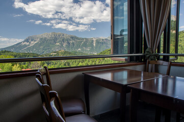 Mountain view from a traditional taverna restaurant in Pramanta in national park of Tzumerka in Greece