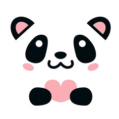 Cute panda holding pink heart isolated on white background. Flat design for card or t-shirt. Vector illustration