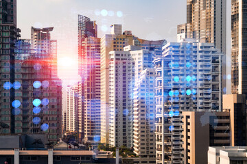 Fototapeta na wymiar World planet Earth map hologram over panorama city view of Bangkok, Asia. The concept of international connections and business. Multi Exposure.
