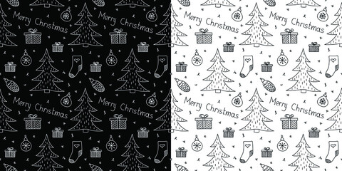 Seamless new year's pattern, drawn by hand. Pattern with Christmas trees with ornaments and presents, linear images. New year's doodling. Christmas seamless pattern. Christmas doodling.