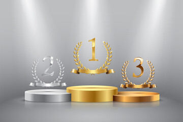 Winner background with golden, silver and bronze laurel wreaths with ribbons and first, second and third place signs on round pedestal isolated on gray. Vector winner podium sports symbols. - obrazy, fototapety, plakaty