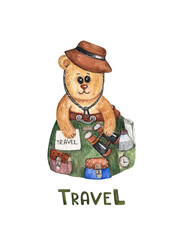 Cute bear traveler. Hand drawn in watercolor.Isolated on white background. Travels. Camping watercolor clipart. Design of postcards, prints, posters.