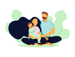 Young happy couple embracing their newborn with care and love. Father and mother with infant on the hands. Family and baby care vector concept.