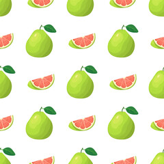 Seamless pattern with fresh bright exotic whole and cut slice pomelo fruit on white background. Summer fruits for healthy lifestyle. Organic fruit. Cartoon style. Vector illustration for any design.