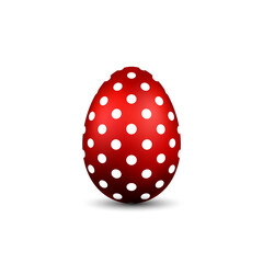 Easter egg 3D icon. Red color egg, isolated white background. Bright realistic design, decoration for Happy Easter celebration. Holiday element. Shiny pattern. Spring symbol. Vector illustration