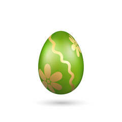 Easter egg 3D icon. Green gold egg, isolated white background. Bright realistic design, decoration for Happy Easter celebration. Holiday element. Shiny pattern. Spring symbol. Vector illustration