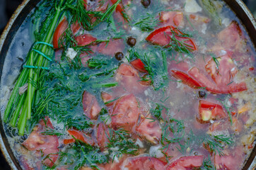 Obraz na płótnie Canvas Flat lay of fish soup with tomatoes and dill.