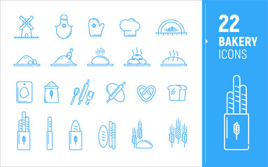 Vector icons of bakery products, bread, flour, dough. Polygonal icons. Icons in flat style.