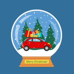 Christmas snow globe with red car