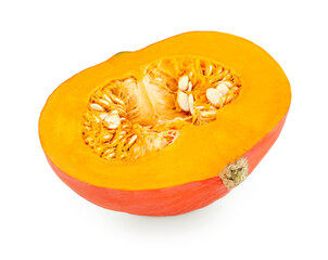 Half Orange Pumpkin   isolated on white background. Decorative pumpkin closeup.