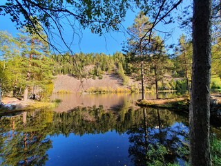 Fototapeta premium reflection of sky and trees in the blue water - Oslo, Strømsdammen lake