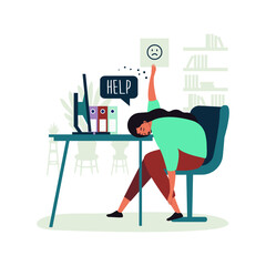 Flat vector illustrations Worker burnout. Emotional burnout. A tired worker is sitting at the table. Long working day in the office. Mental health problem. 
