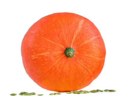 Orange whole Pumpkin  vegetable with seeds isolated on white background. Decorative pumpkin close up