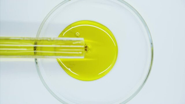 Production Of Natural Cosmetics And Cosmetic Oils. Oil Made From Natural Ingredients. Oil From A Test Tube Is Poured Into Petri Dishes. View From Above. Close-up. Laboratory.